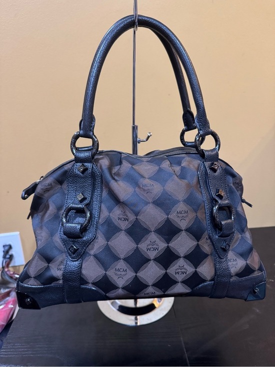 MCM Handbags - MCM Harlequin Diamond Signature Jacquard Canvas and Leather Satchel